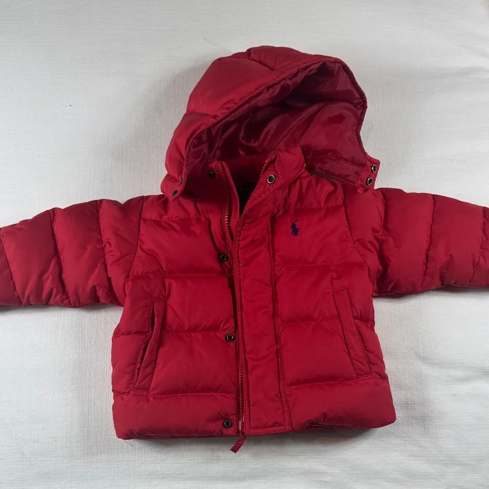Polo Ralph Lauren Red Down Puffer Jacket‎ Detachable Hood Baby 12M RN113338